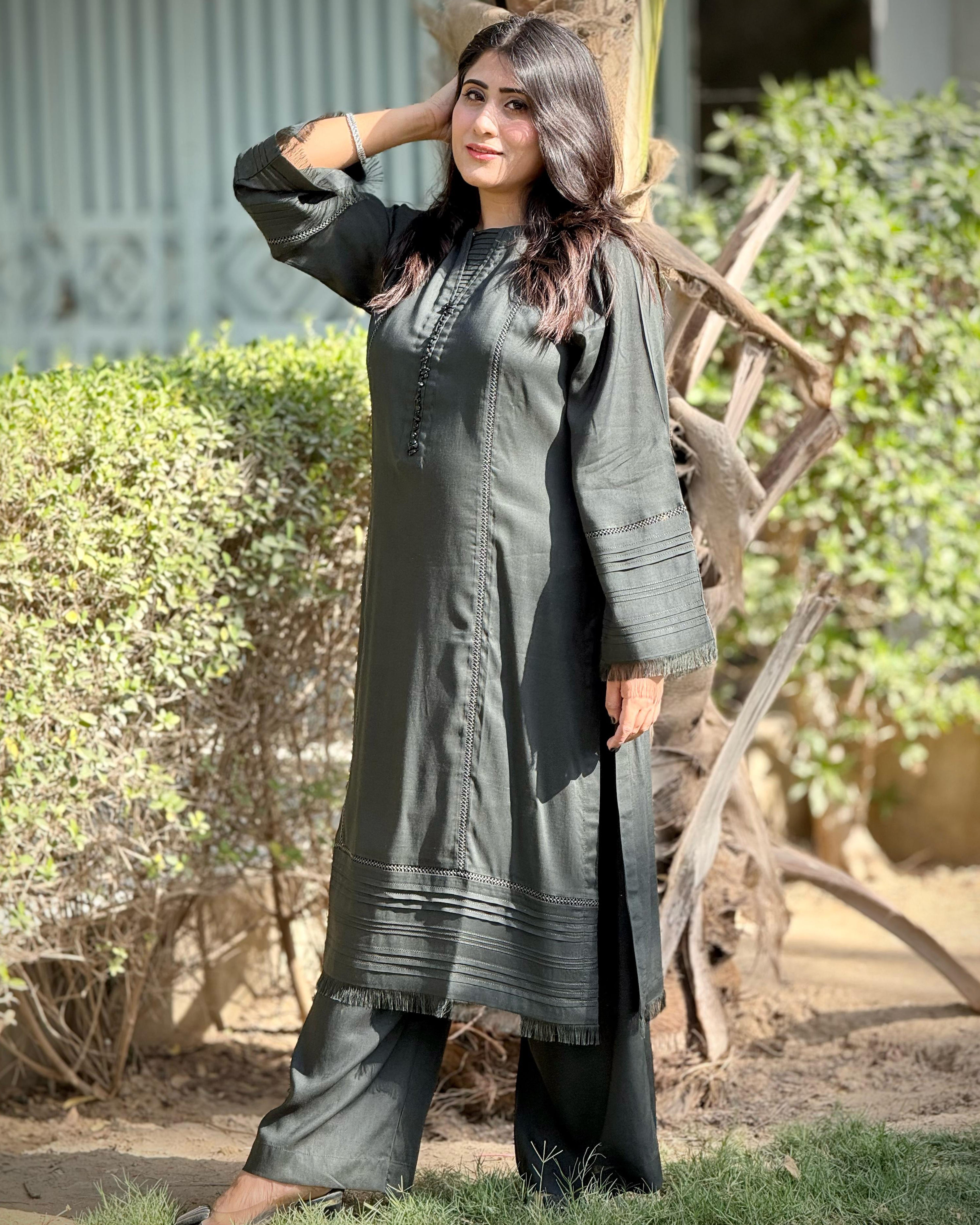 Plain Dark Green Solid Russian Rao-Silk 2Pcs | DD-SOLID-PDGRR-010