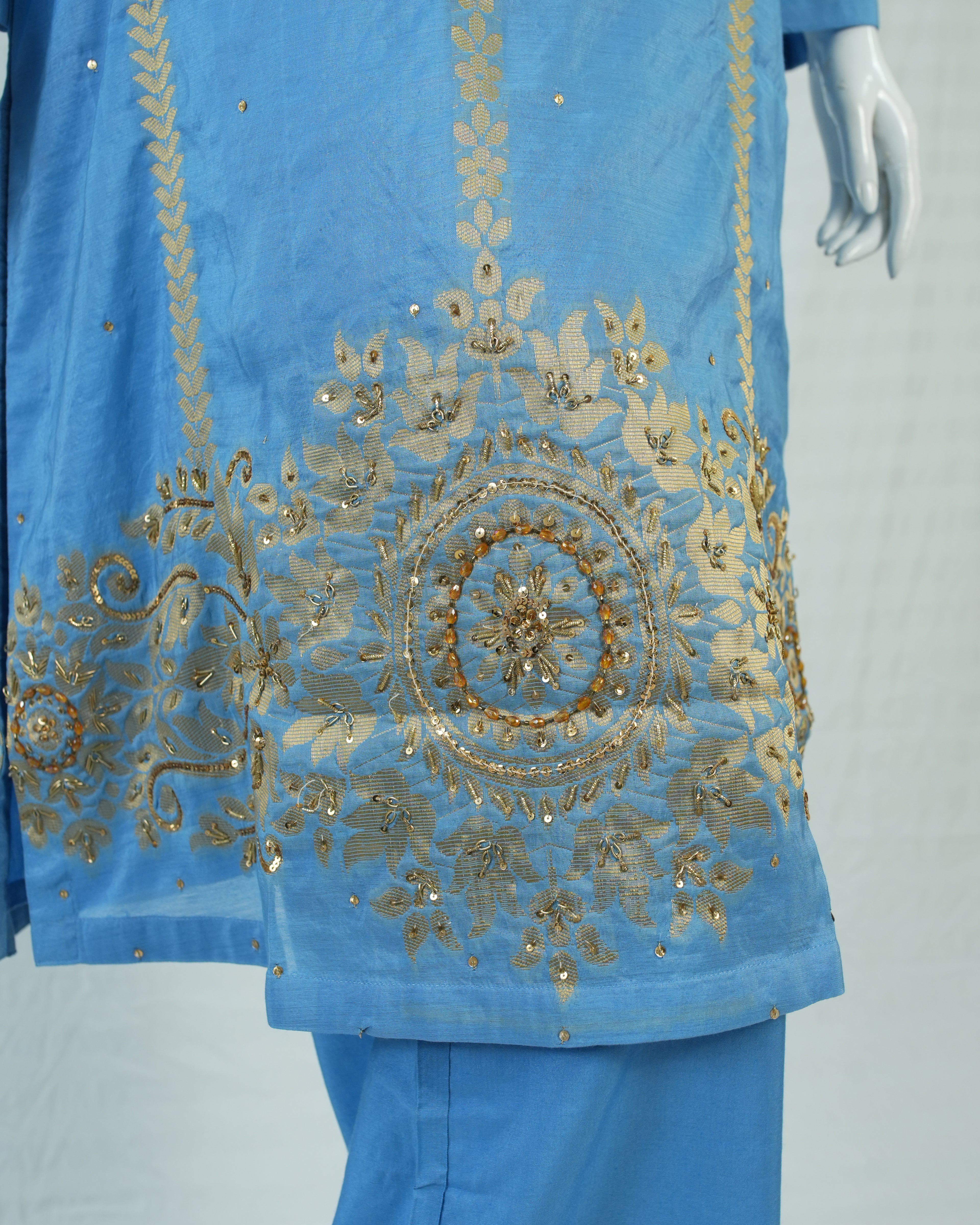 Sky Blue Printed Pure Rao Silk 3 PC | DD-PRSLK-ES-024
