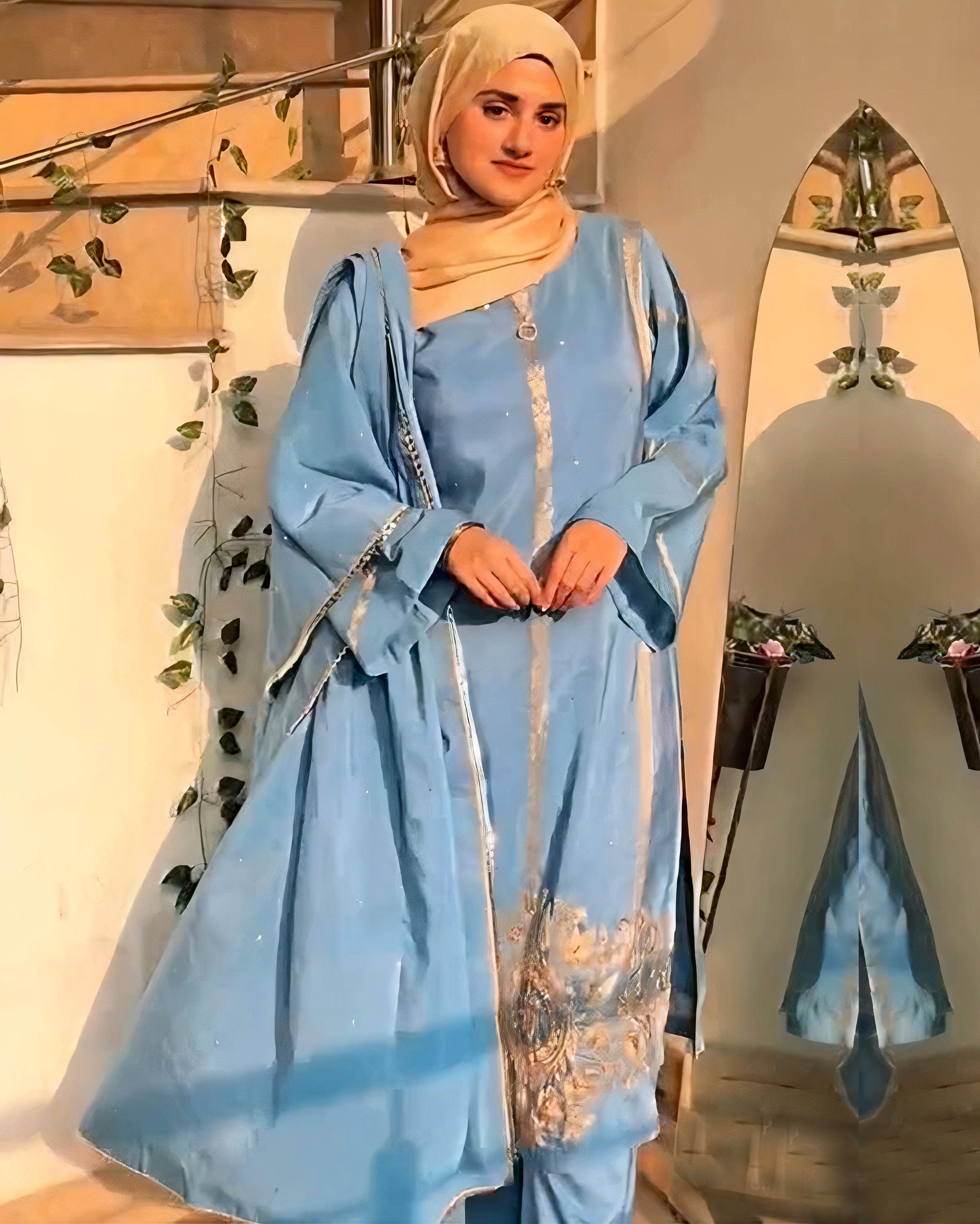 Sky Blue Printed Pure Rao Silk 3 PC | DD-PRSLK-ES-024