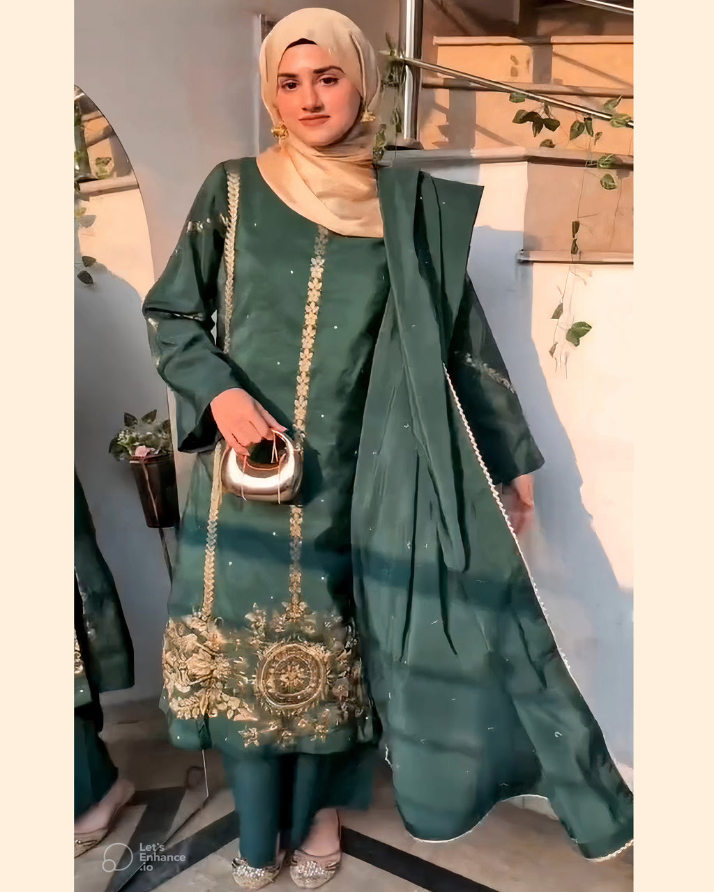 Green Printed Pure Rao Silk 3 PC | DD-PRSLK-ES-025