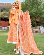 Un-Stitched Printed DD Lawn Orange 3 Pcs | DD-PLAWN-028