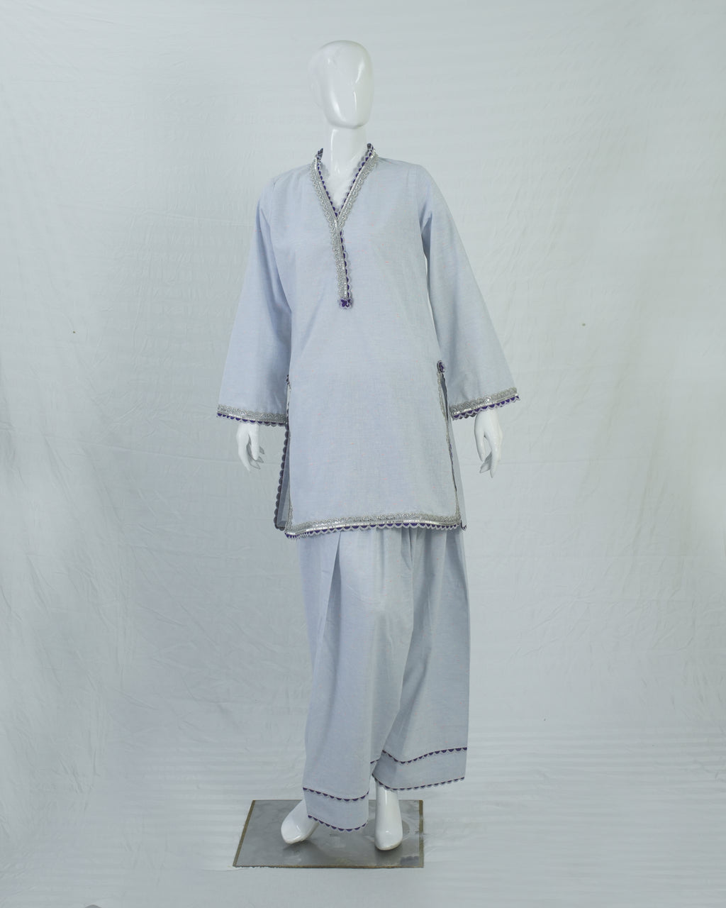 Light Blue Cotton Short Shirt with Farshi Shalwar – 2 Piece Set