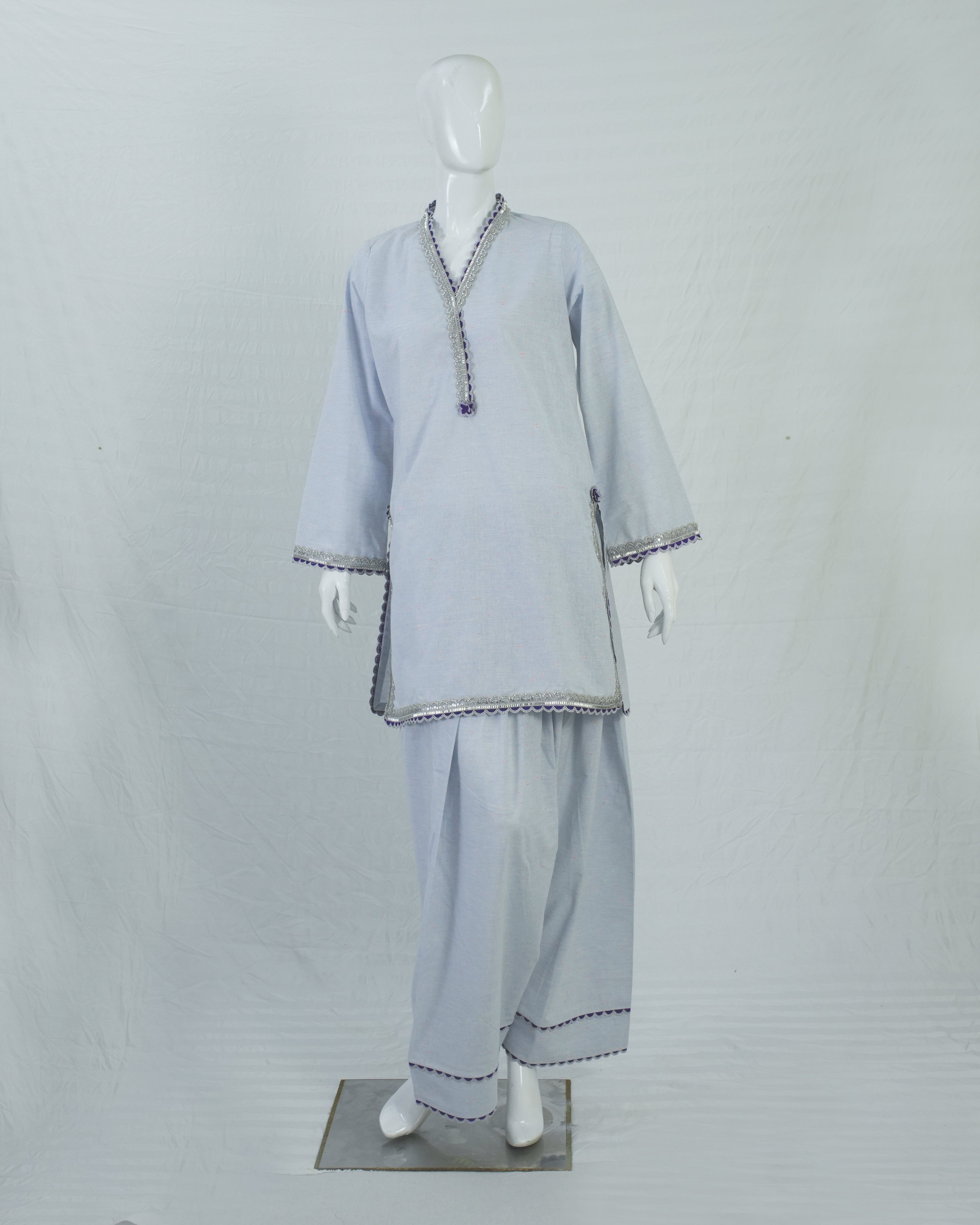 Light Blue Cotton Short Shirt with Farshi Shalwar – 2 Piece Set
