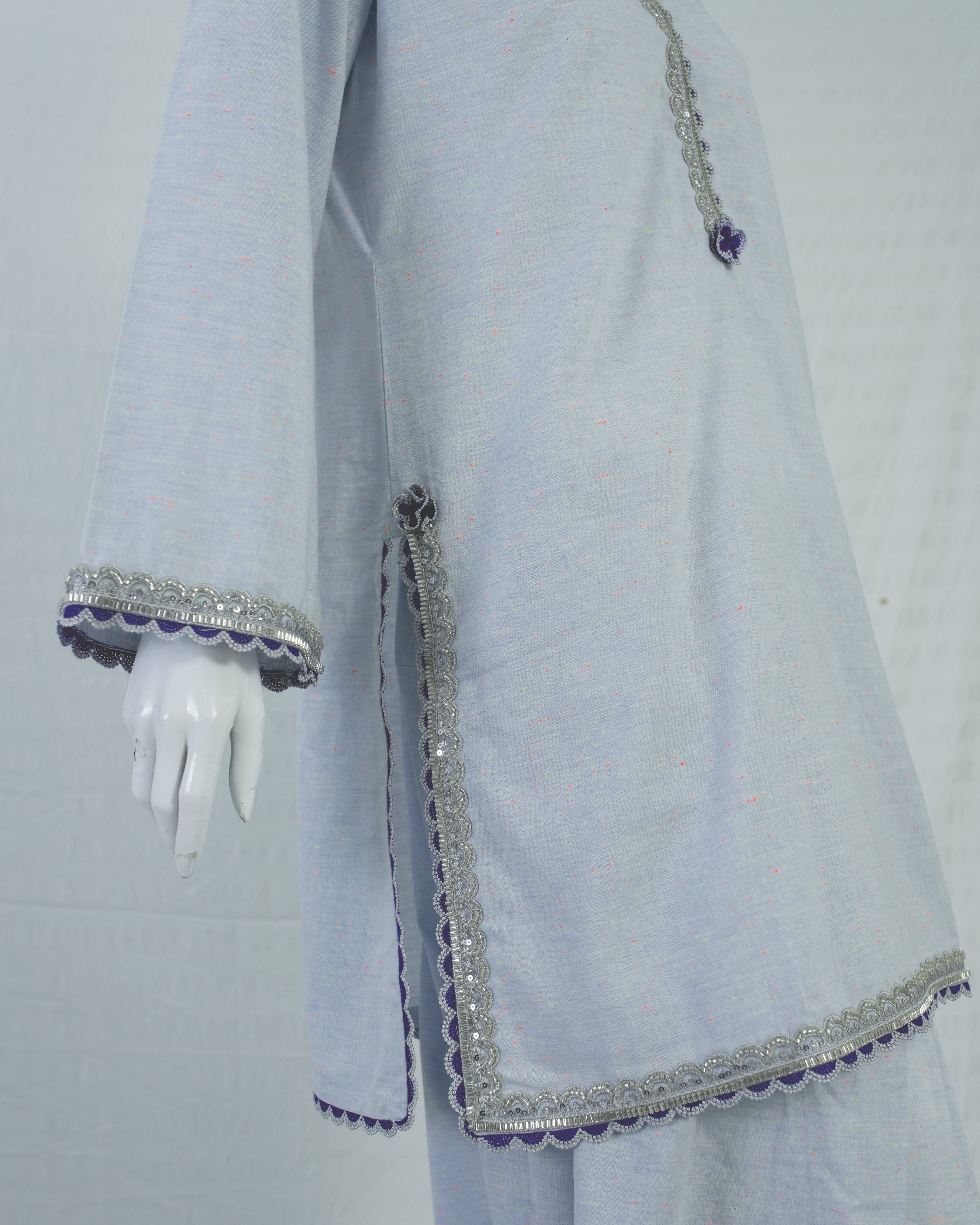 Light Blue Cotton Short Shirt with Farshi Shalwar – 2 Piece Set