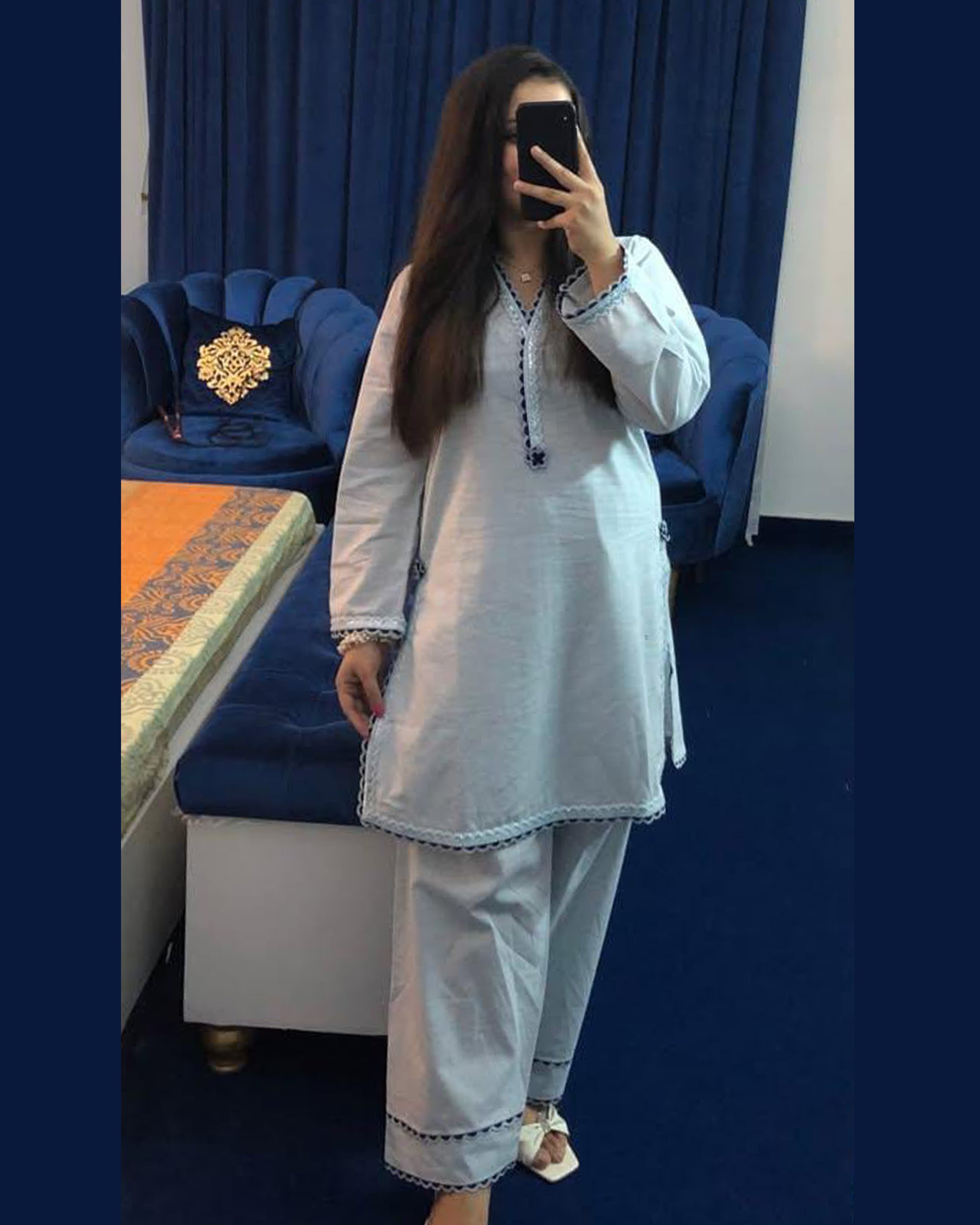 Light Blue Cotton Short Shirt with Farshi Shalwar – 2 Piece Set