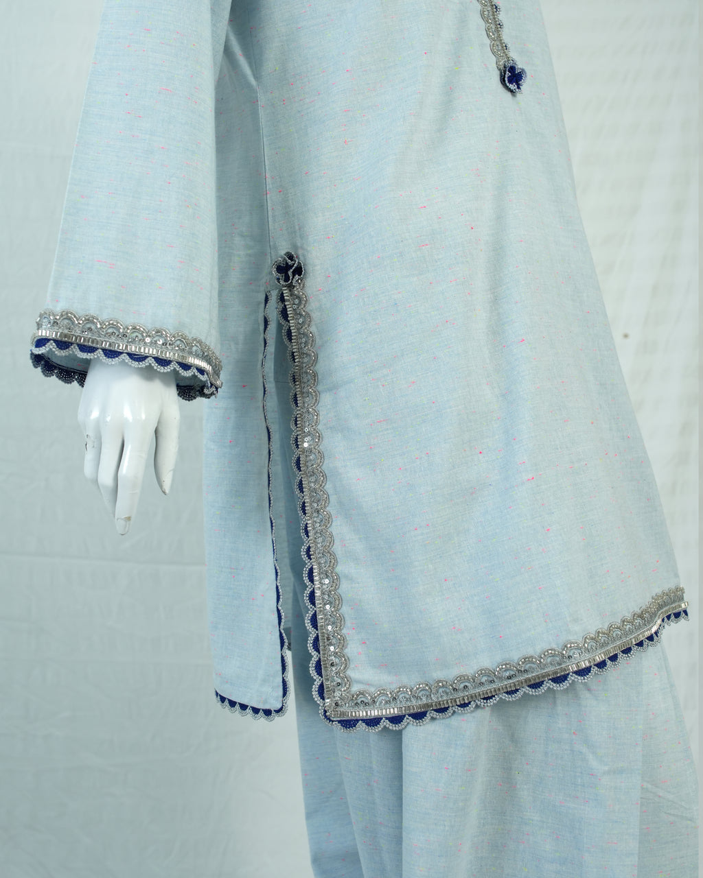 Cotton light Blue Long Shirt with Farshi Shalwar 2 Piece Set | DD-COTT-031