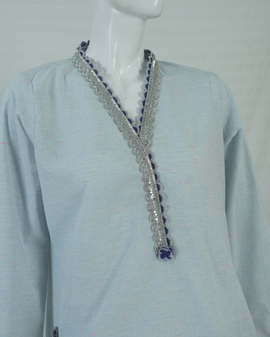 Cotton light Blue Long Shirt with Farshi Shalwar 2 Piece Set | DD-COTT-031