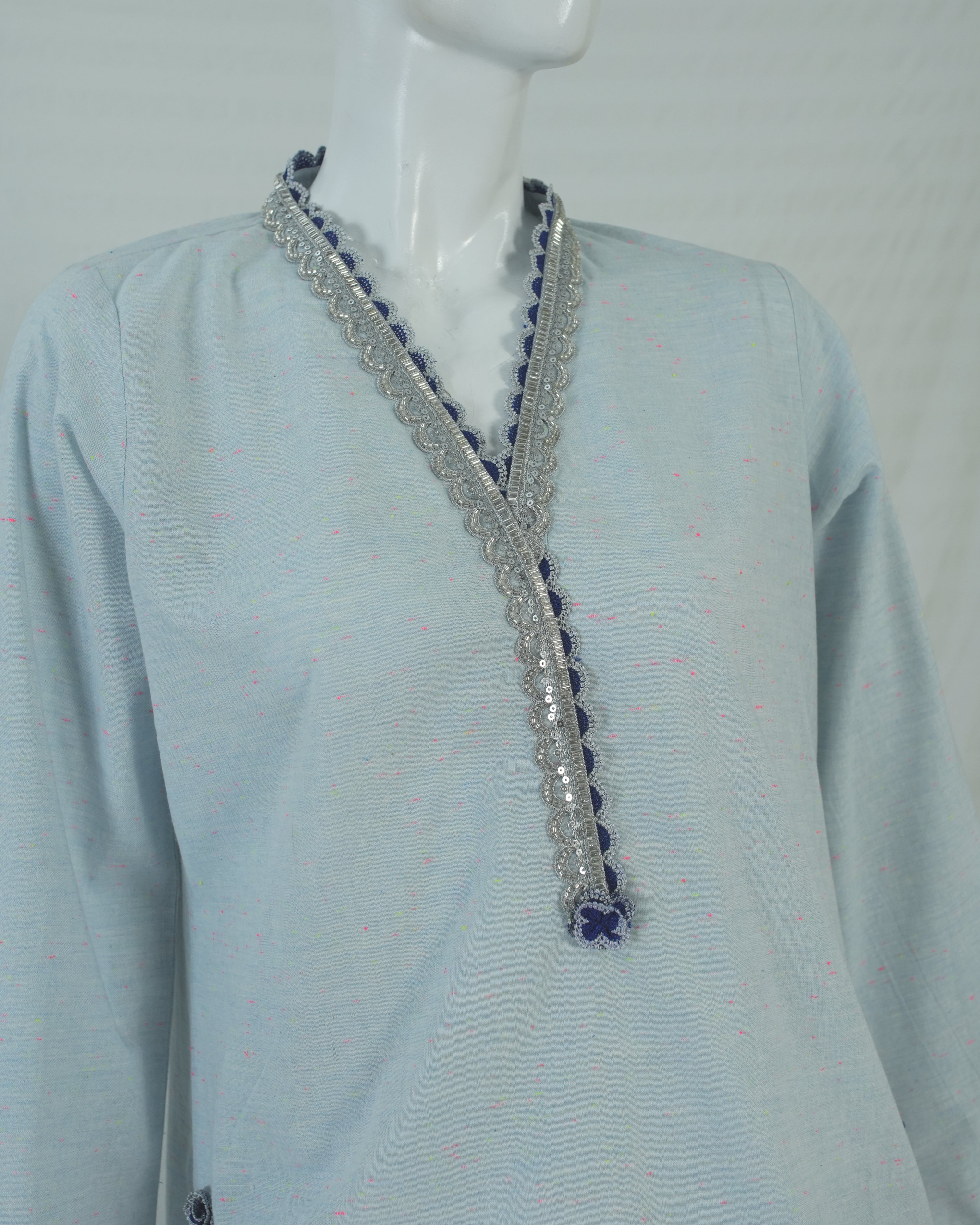 Cotton light Blue Long Shirt with Farshi Shalwar 2 Piece Set