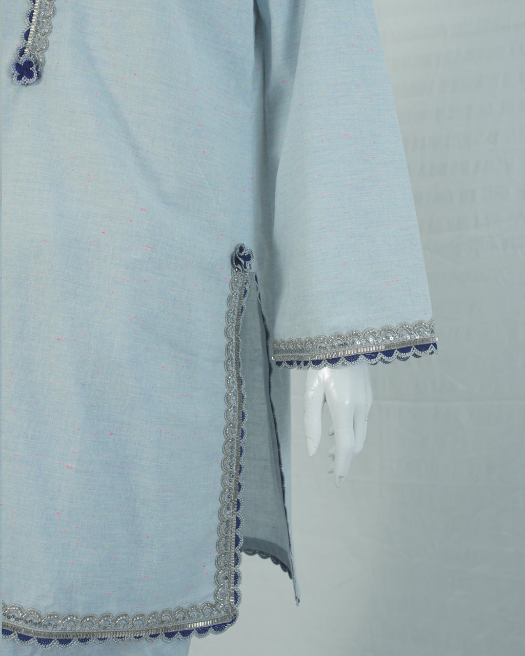 Cotton light Blue Long Shirt with Farshi Shalwar 2 Piece Set | DD-COTT-031