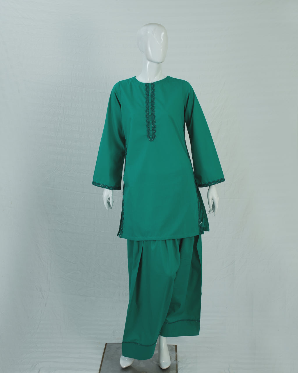 Cotton Dark Green Short Shirt with Farshi Shalwar – 2 Piece Set