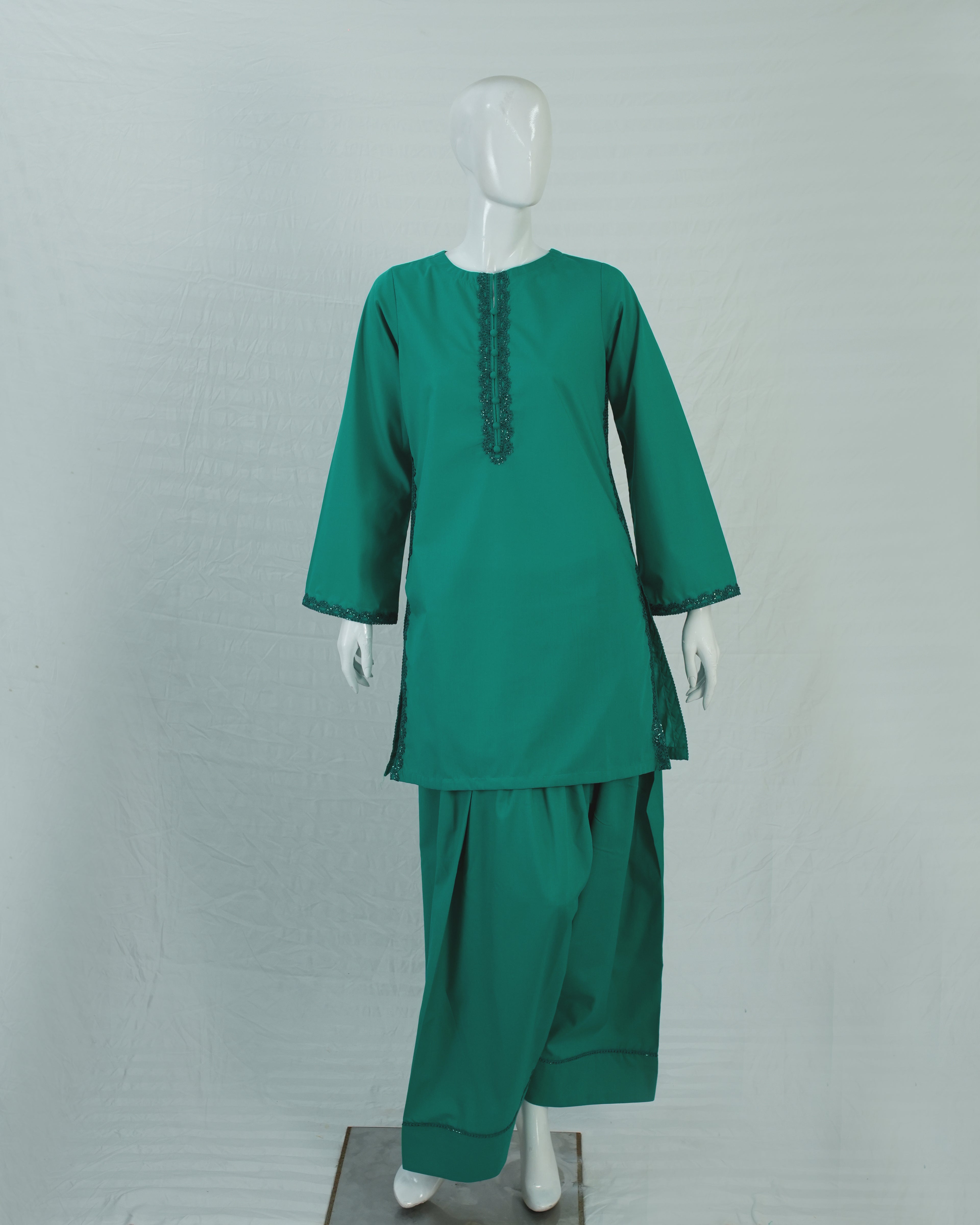 Cotton Dark Green Short Shirt with Farshi Shalwar – 2 Piece Set
