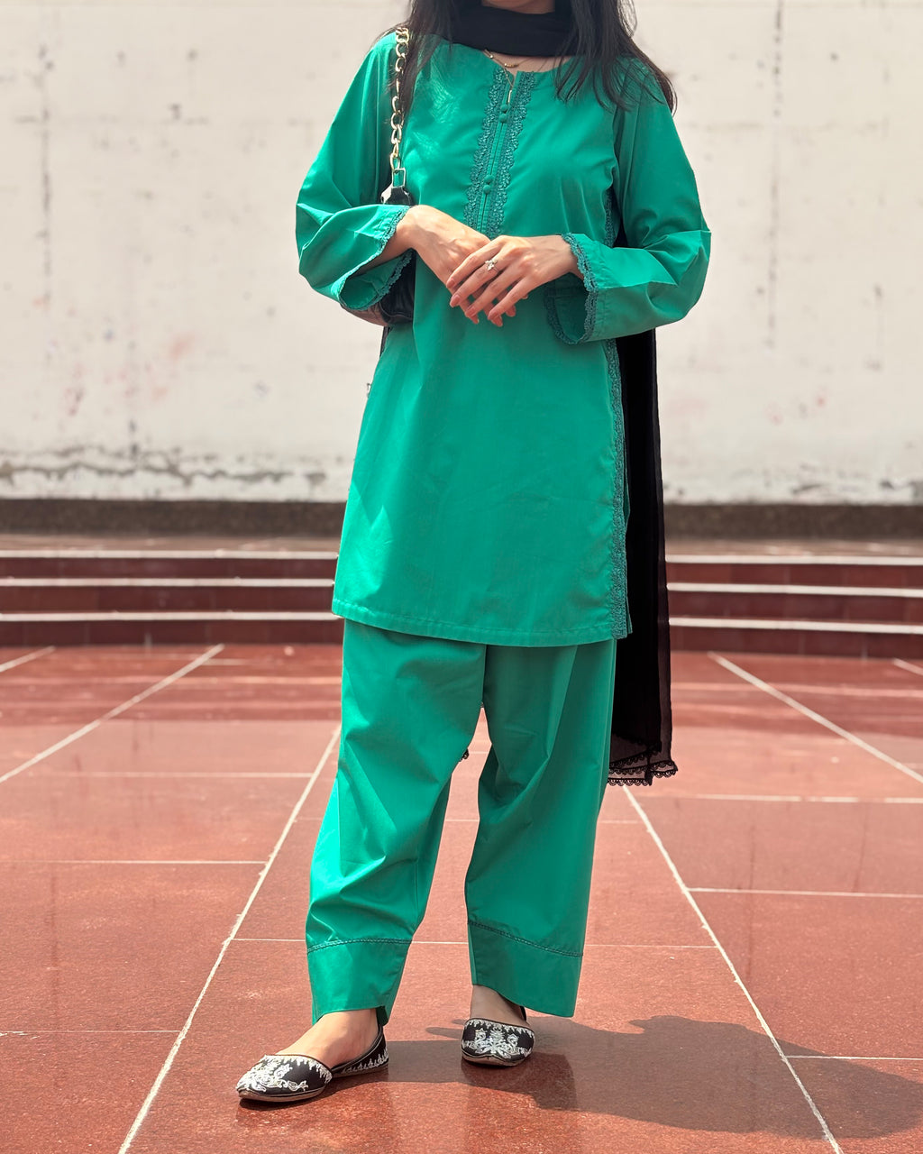 Cotton Dark Green Short Shirt with Farshi Shalwar – 2 Piece Set