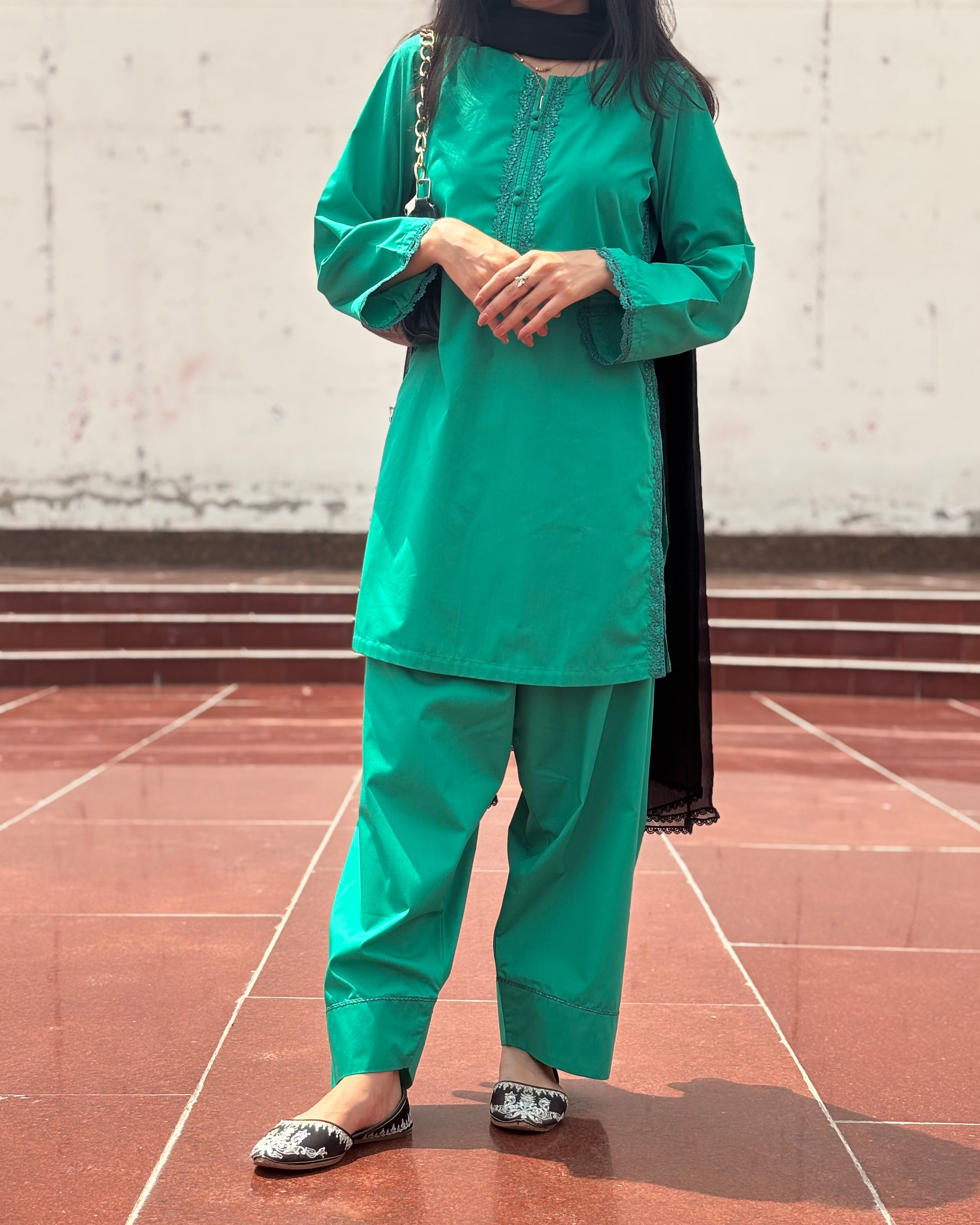 Cotton Dark Green Short Shirt with Farshi Shalwar – 2 Piece Set
