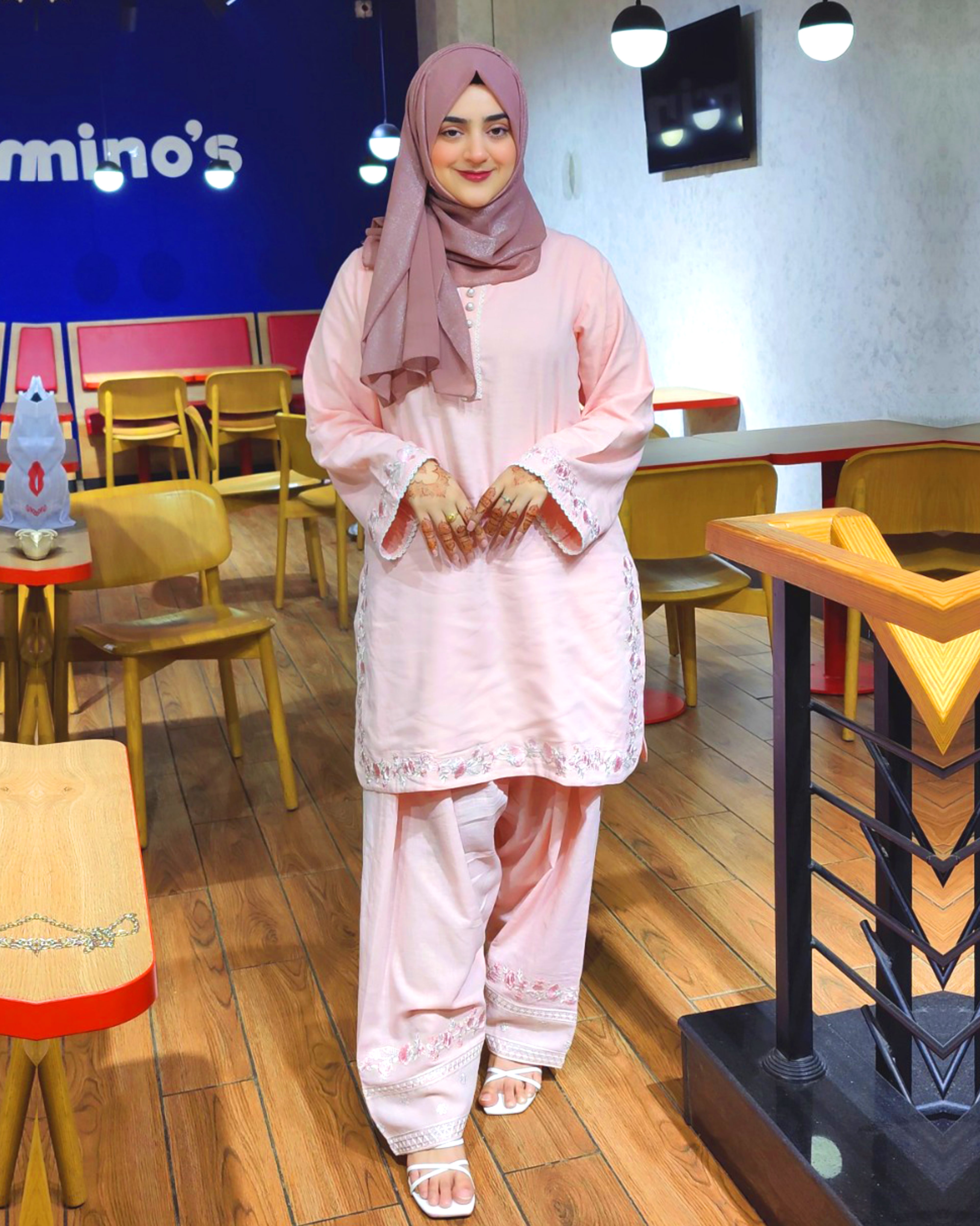 Cotton Baby Pink Short Shirt With Farshi Shalwar - 2 Piece Set | DD-COTT-034