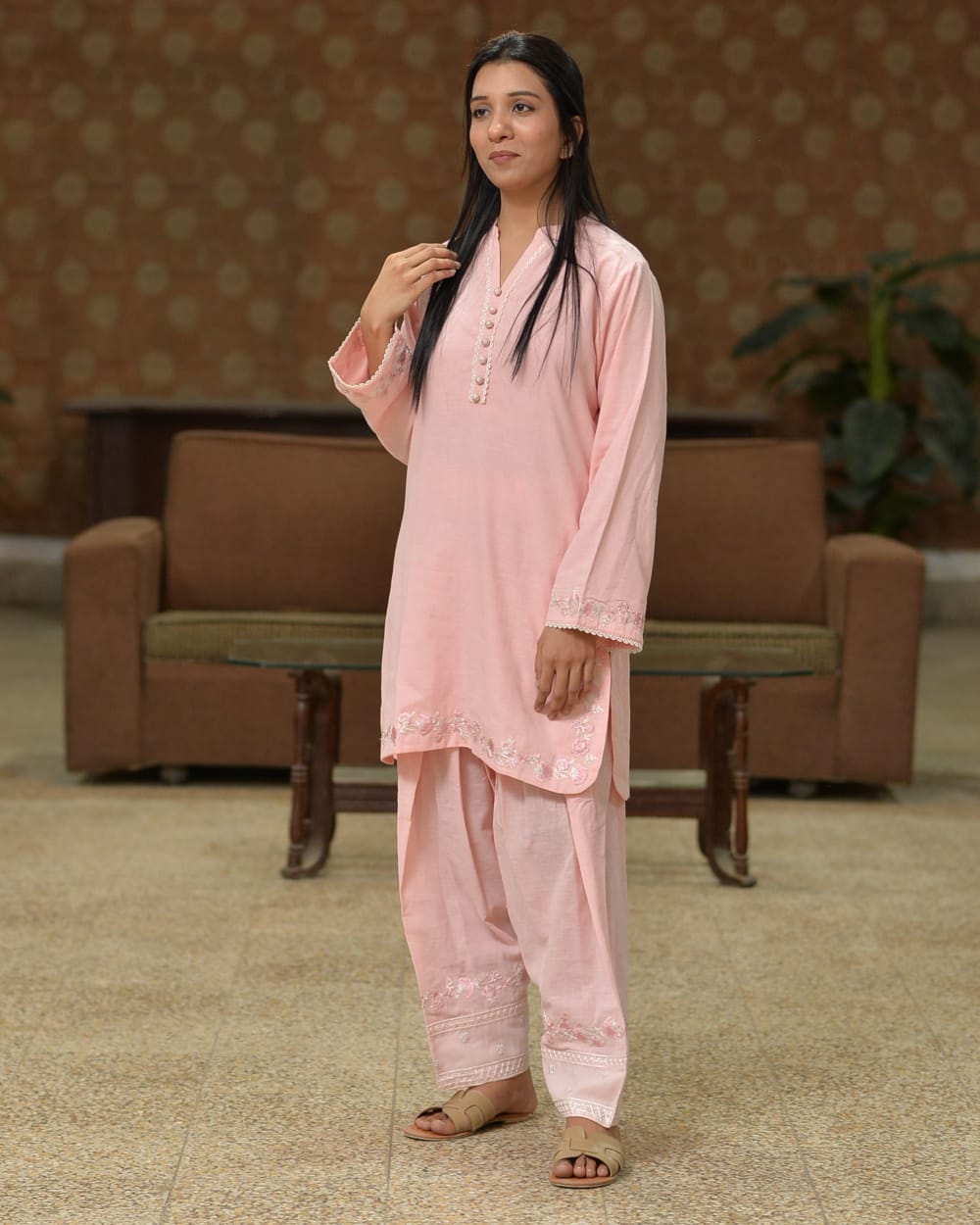 Cotton Baby Pink Short Shirt With Farshi Shalwar - 2 Piece Set