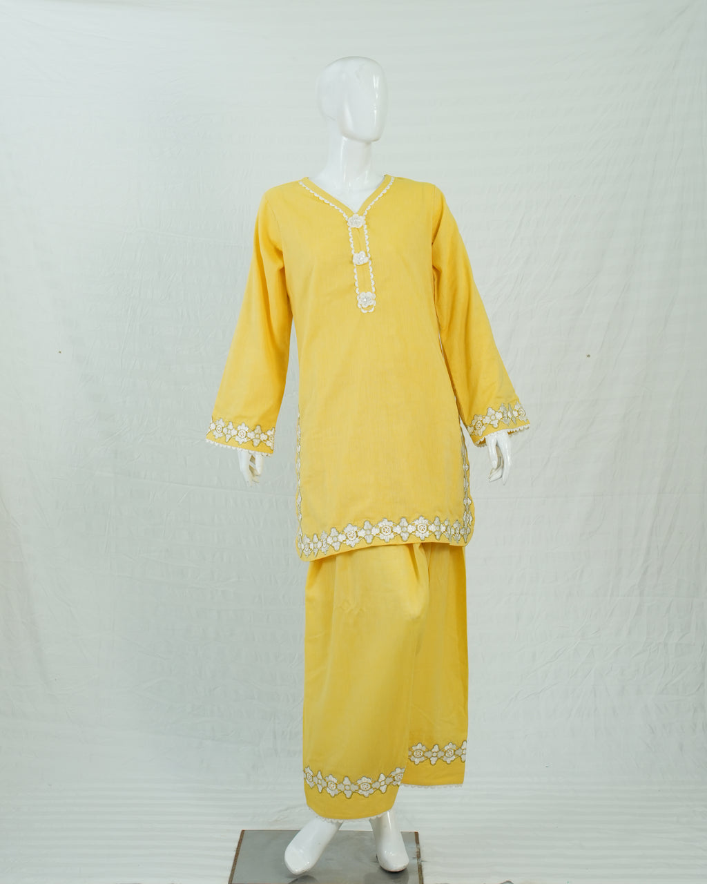 Cotton Lemon Yellow Short Shirt with Farshi Shalwar – 2 Piece Set