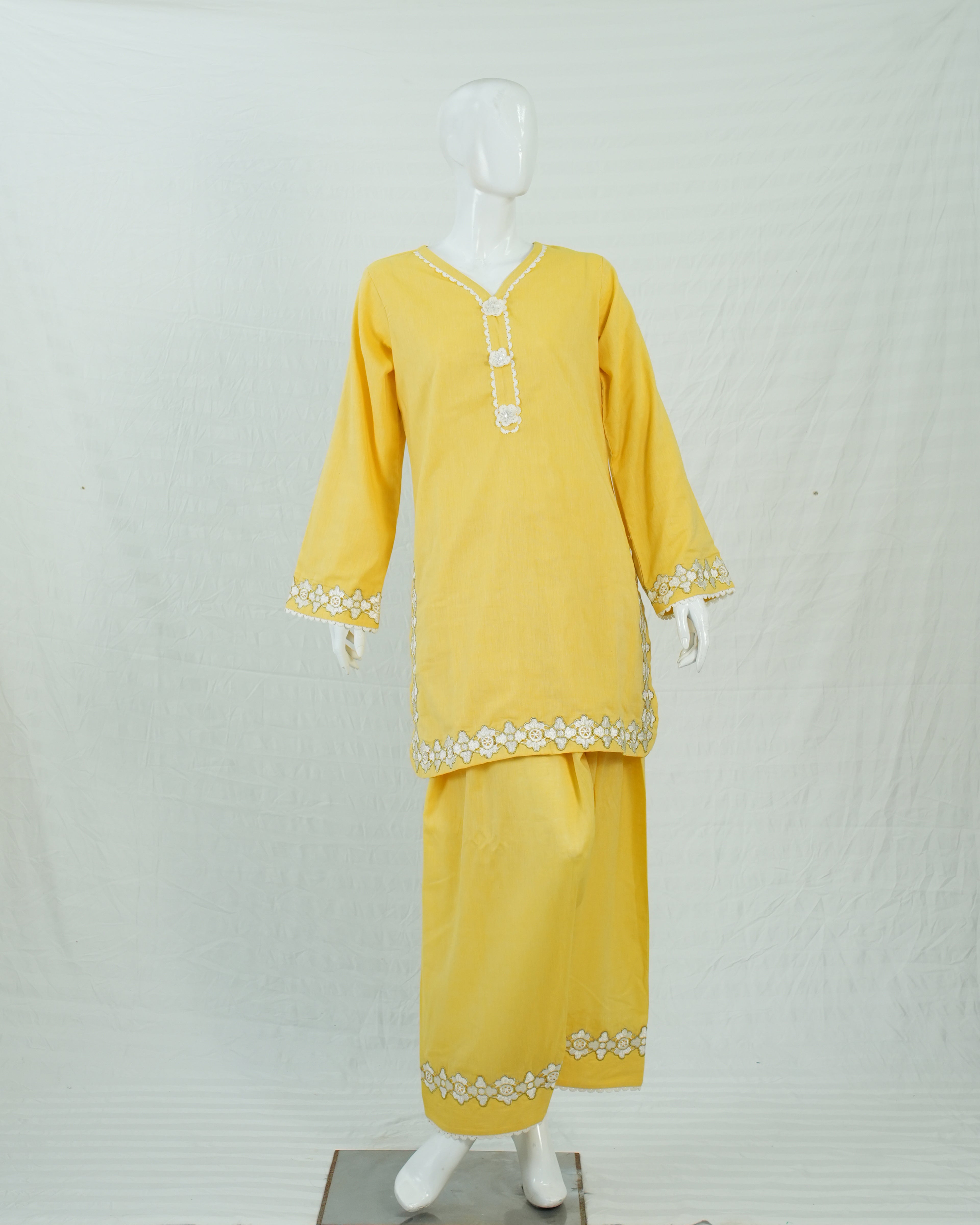 Cotton Lemon Yellow Short Shirt with Farshi Shalwar – 2 Piece Set