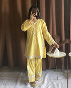 Cotton Lemon Yellow Short Shirt with Farshi Shalwar – 2 Piece Set | DD-COTT-035