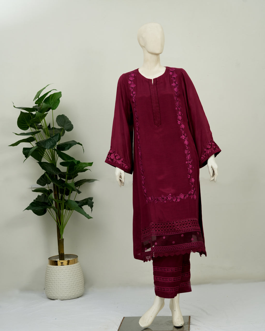 Maroon Embroidered Rao-Silk 2 PC | DD-SOLID-EMR-004