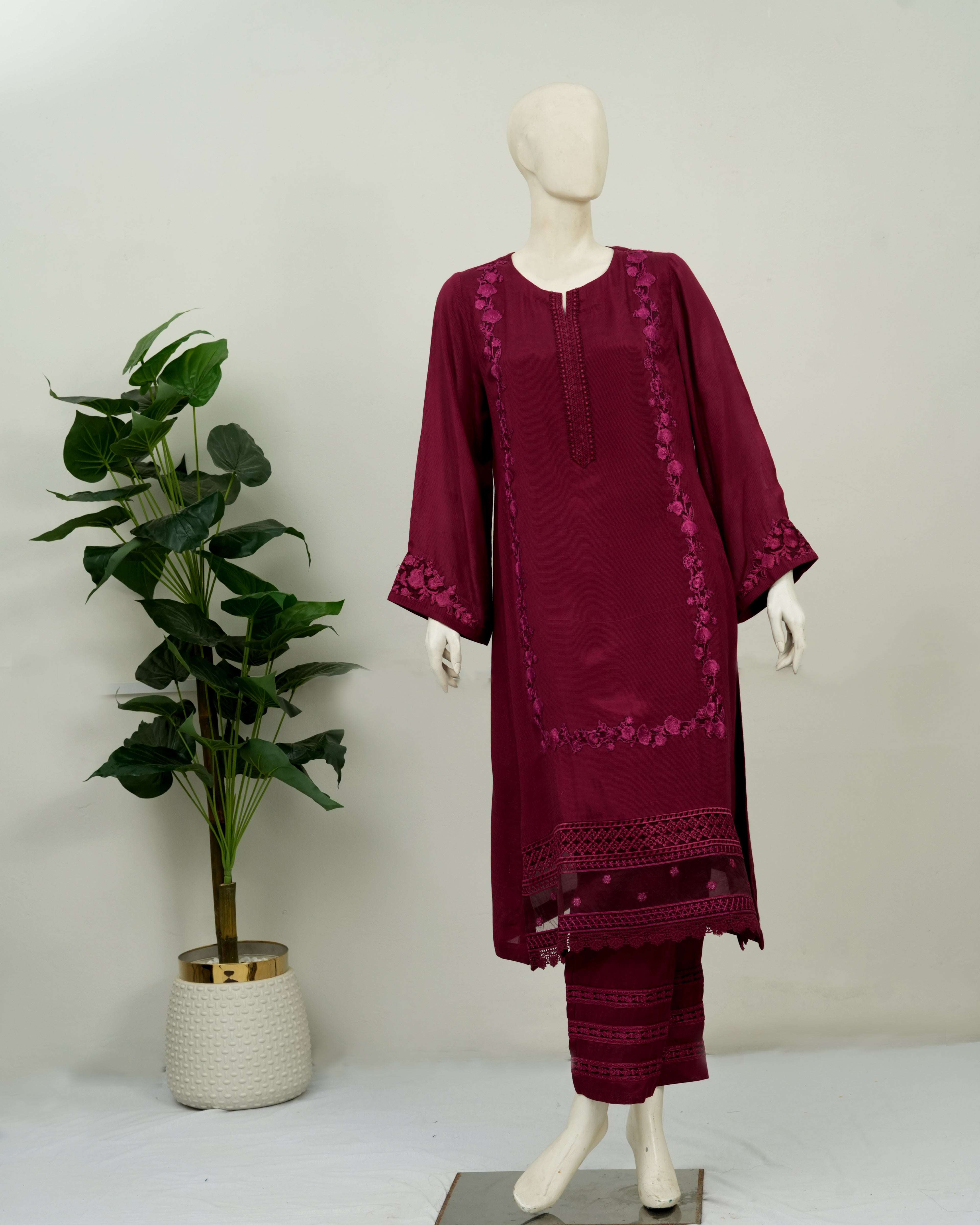 Maroon Embroidered Rao-Silk 2 PC | DD-SOLID-EMR-004