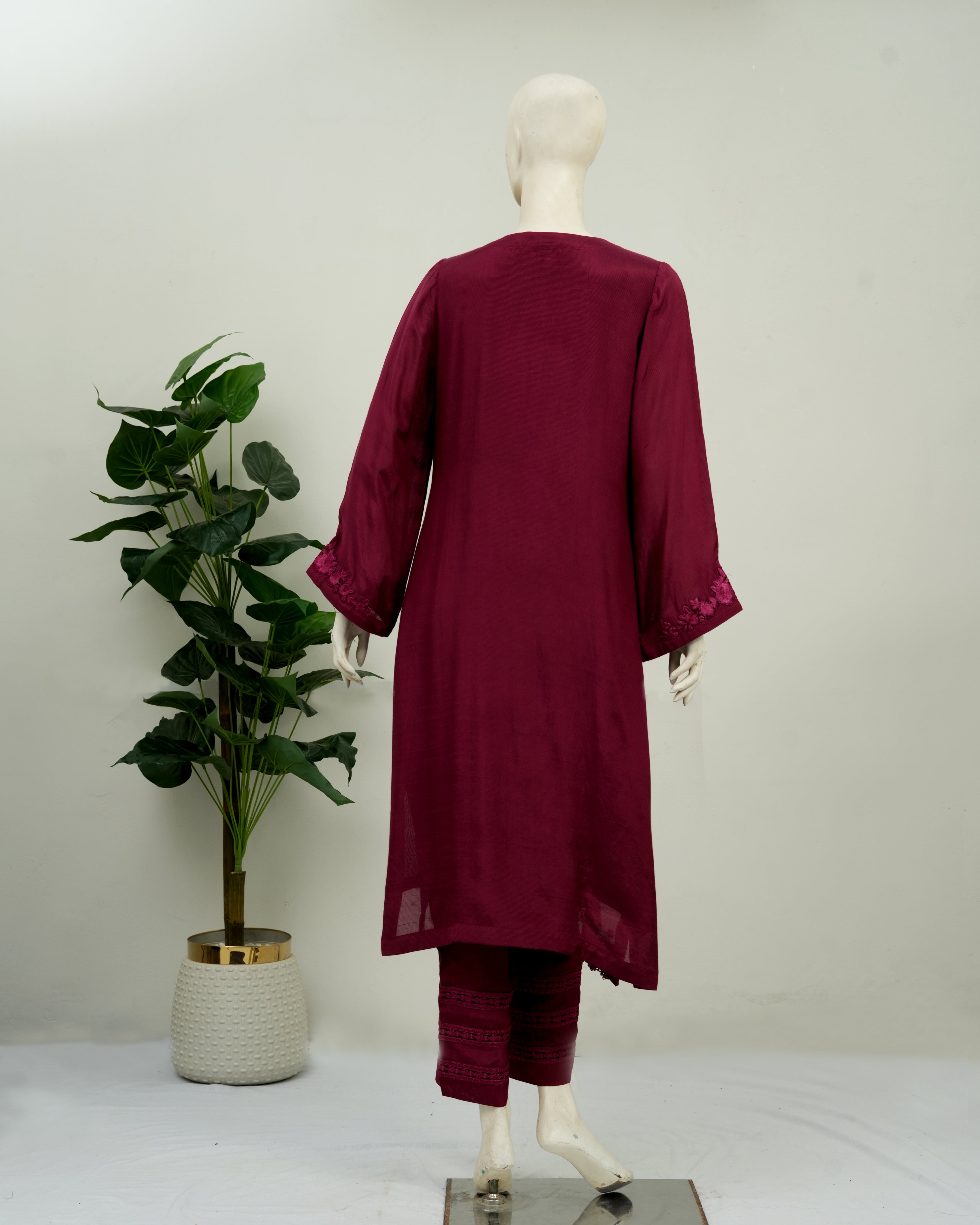 Maroon Embroidered Rao-Silk 2 PC | DD-SOLID-EMR-004