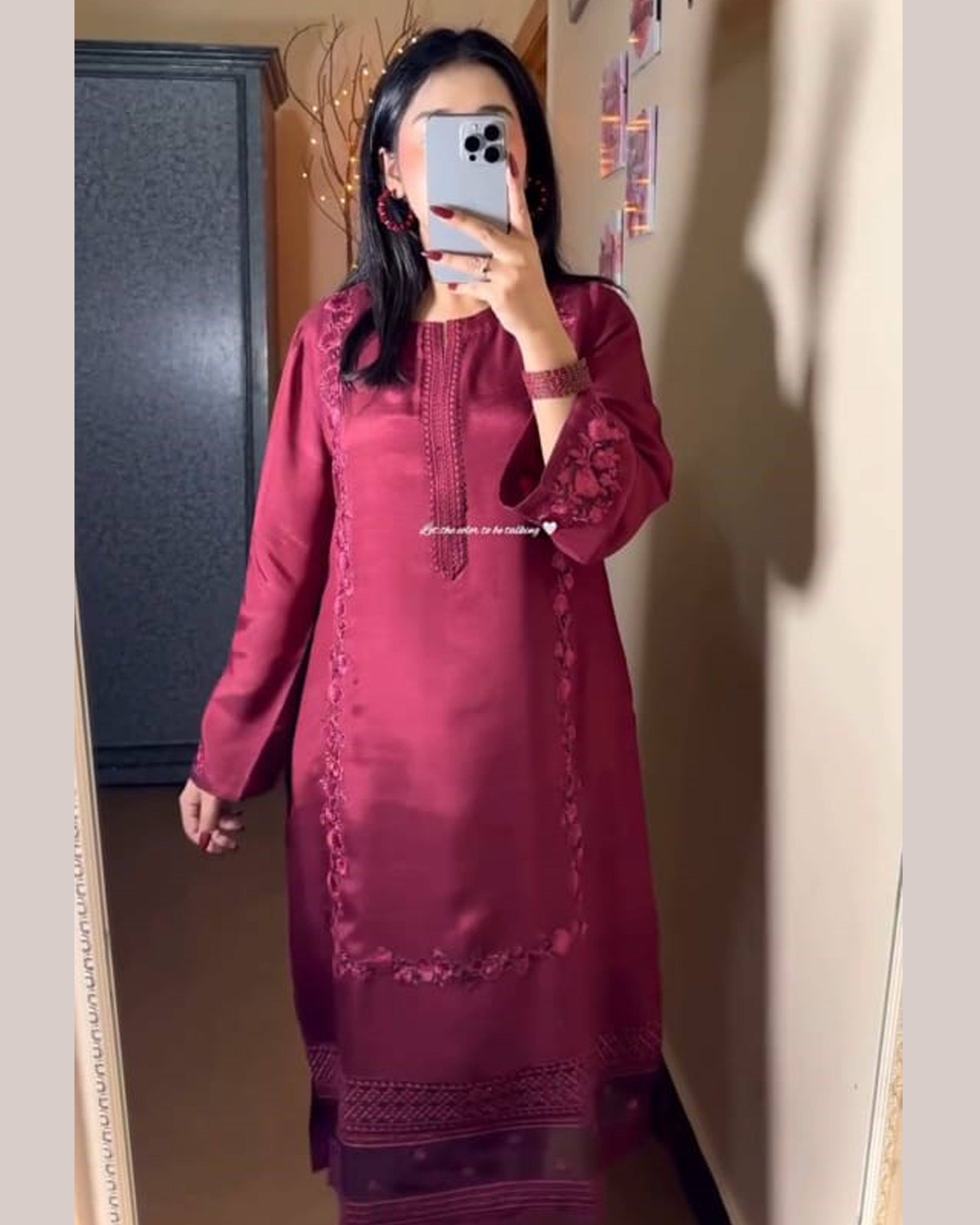 Maroon Embroidered Rao-Silk 2 PC | DD-SOLID-EMR-004