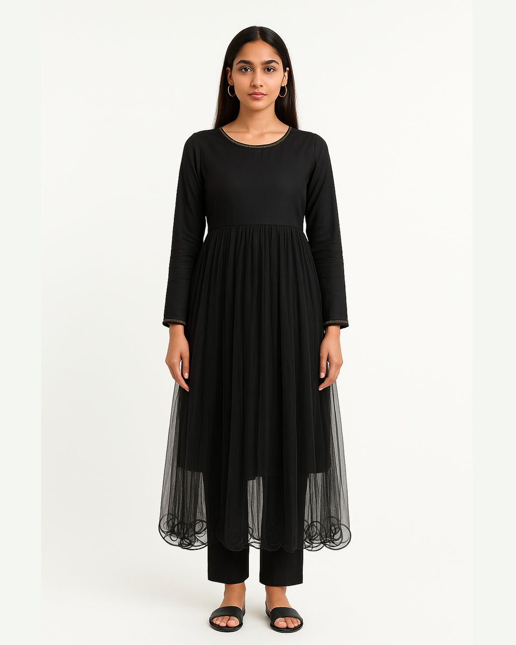 Black Net Frock with Plain Trousers – 2 Piece Set | DD-NET-040