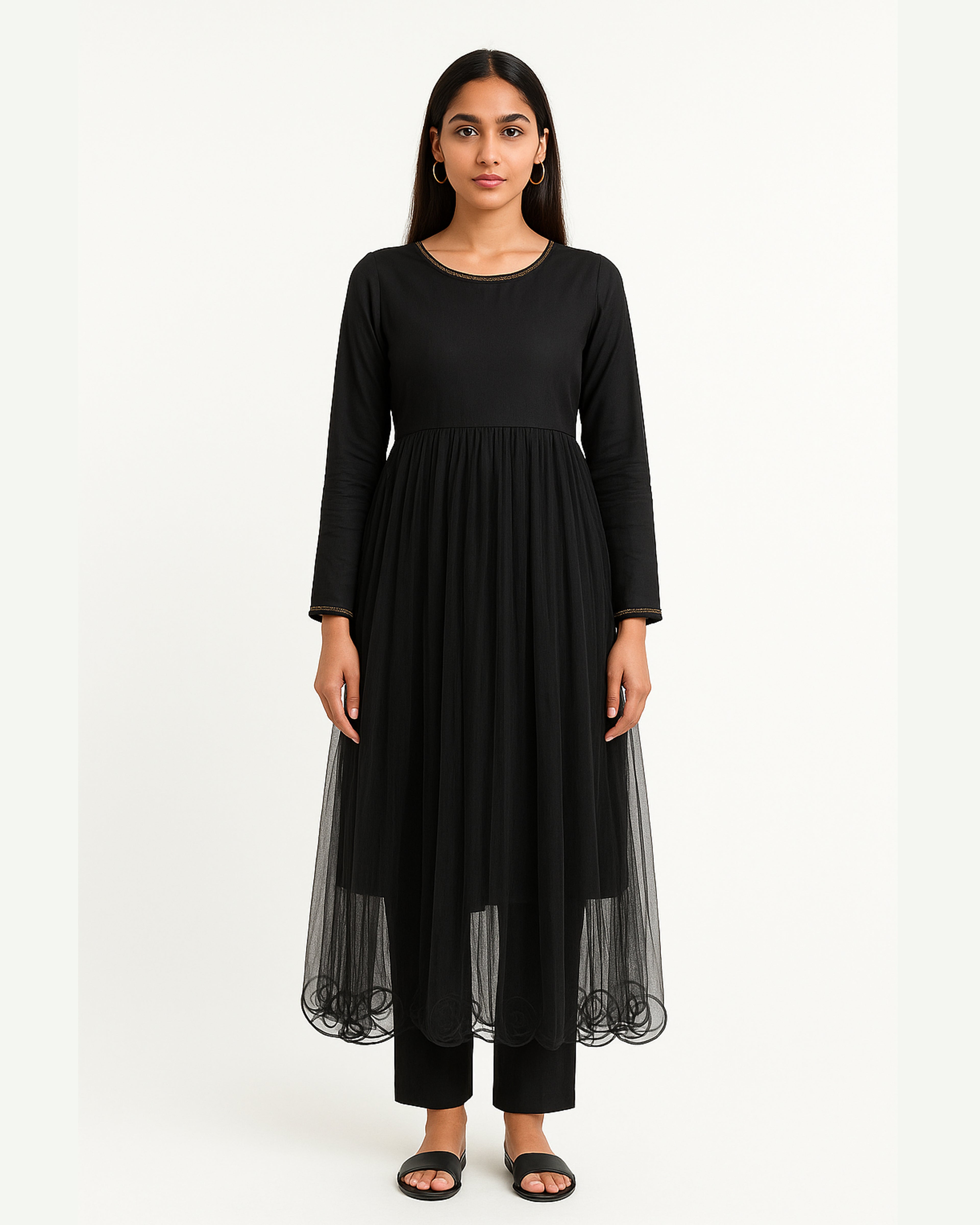 Black Net Frock with Plain Trousers – 2 Piece Set | DD-NET-040