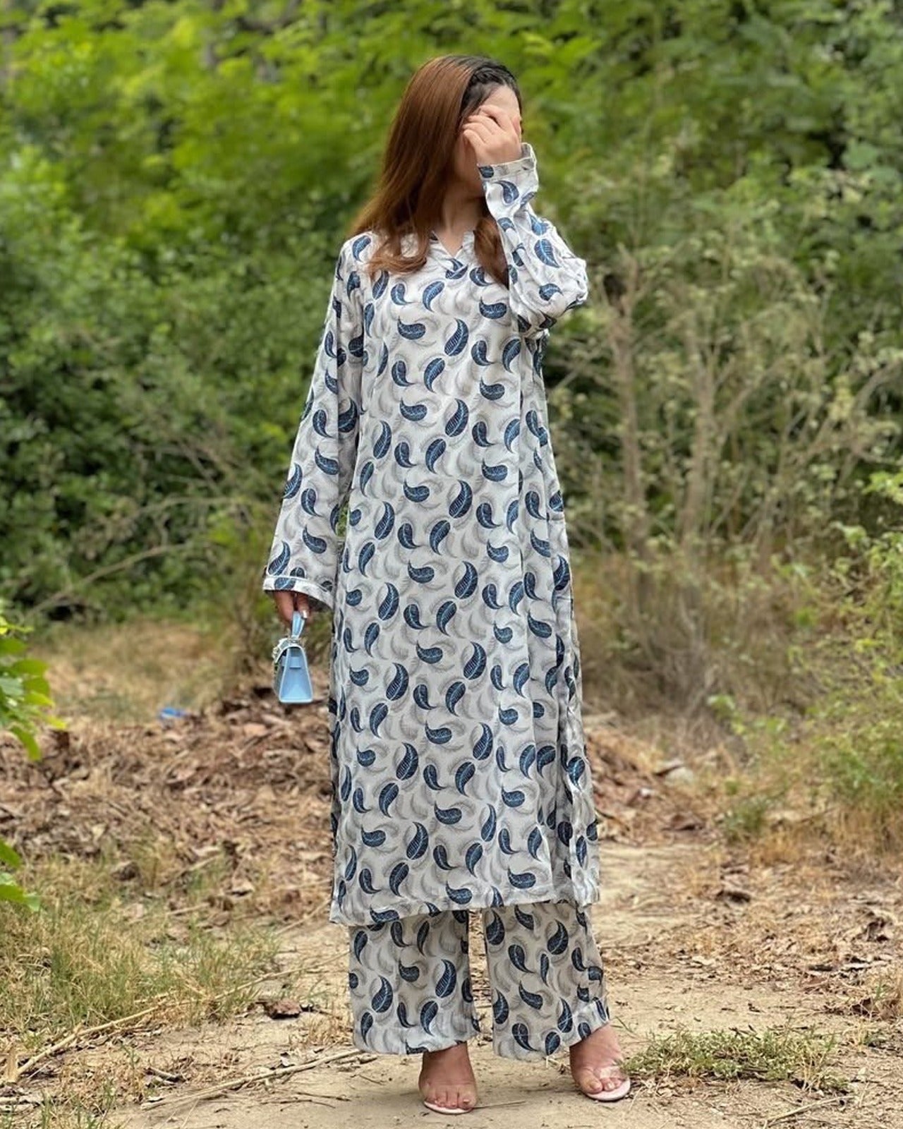 White and Blue Leaf Printed Silk 2 PC | DD-SILK-PS-021