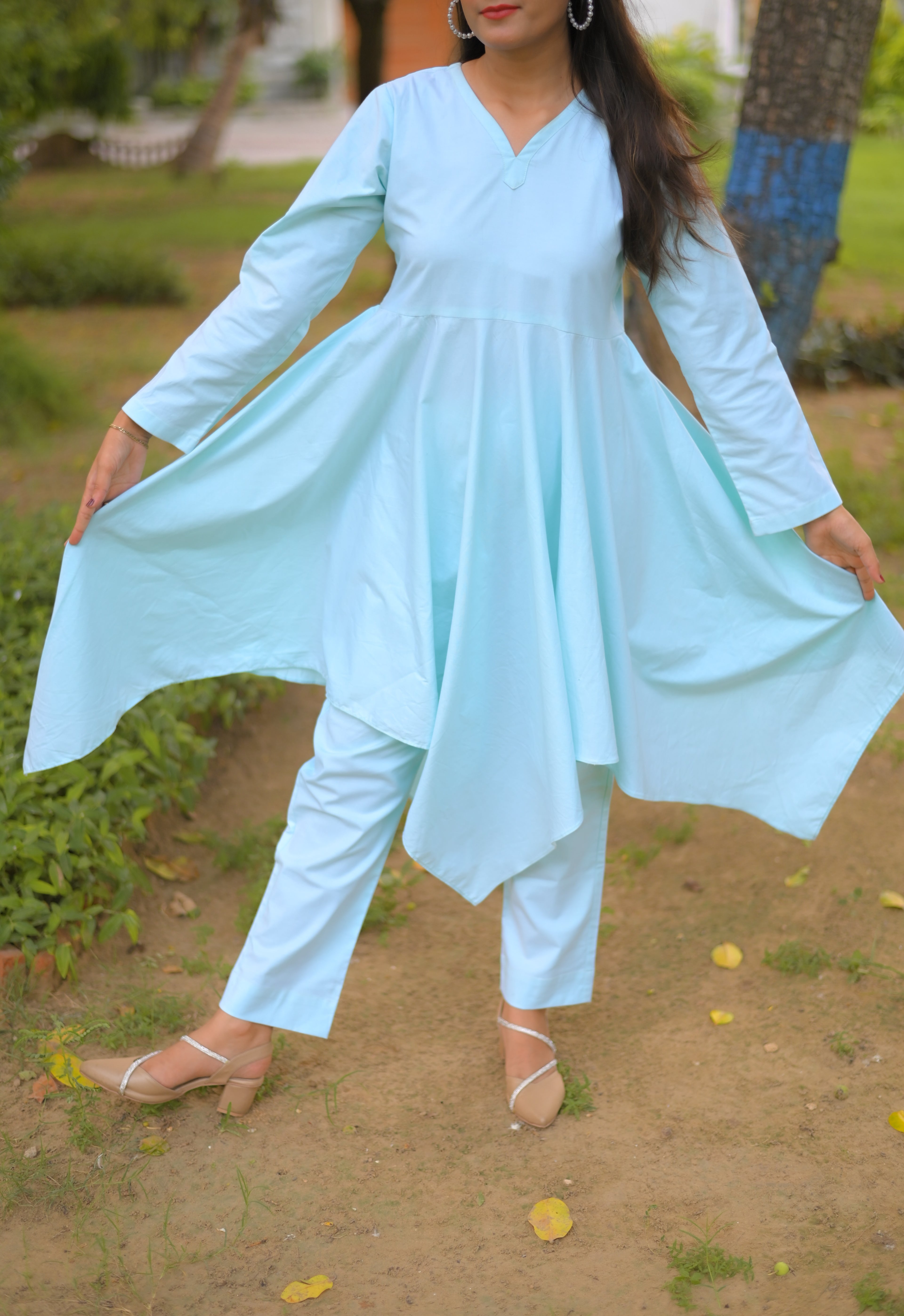 Sea Green Cotton Star Frock With Shalwar 2Pcs | DD-COTT-036