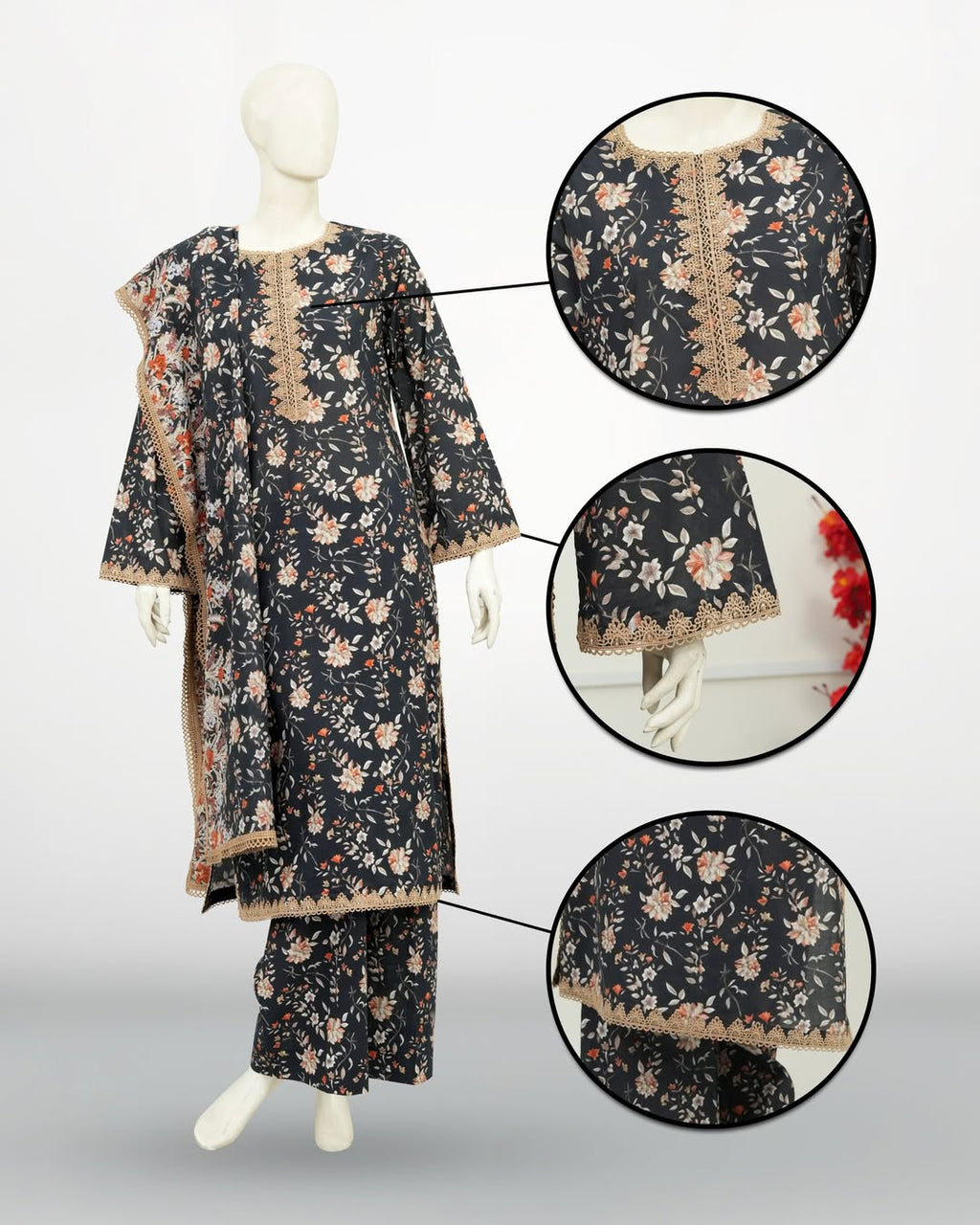 Un-Stitched Printed DD Lawn Black 3 Pcs | DD-PLAWN-029