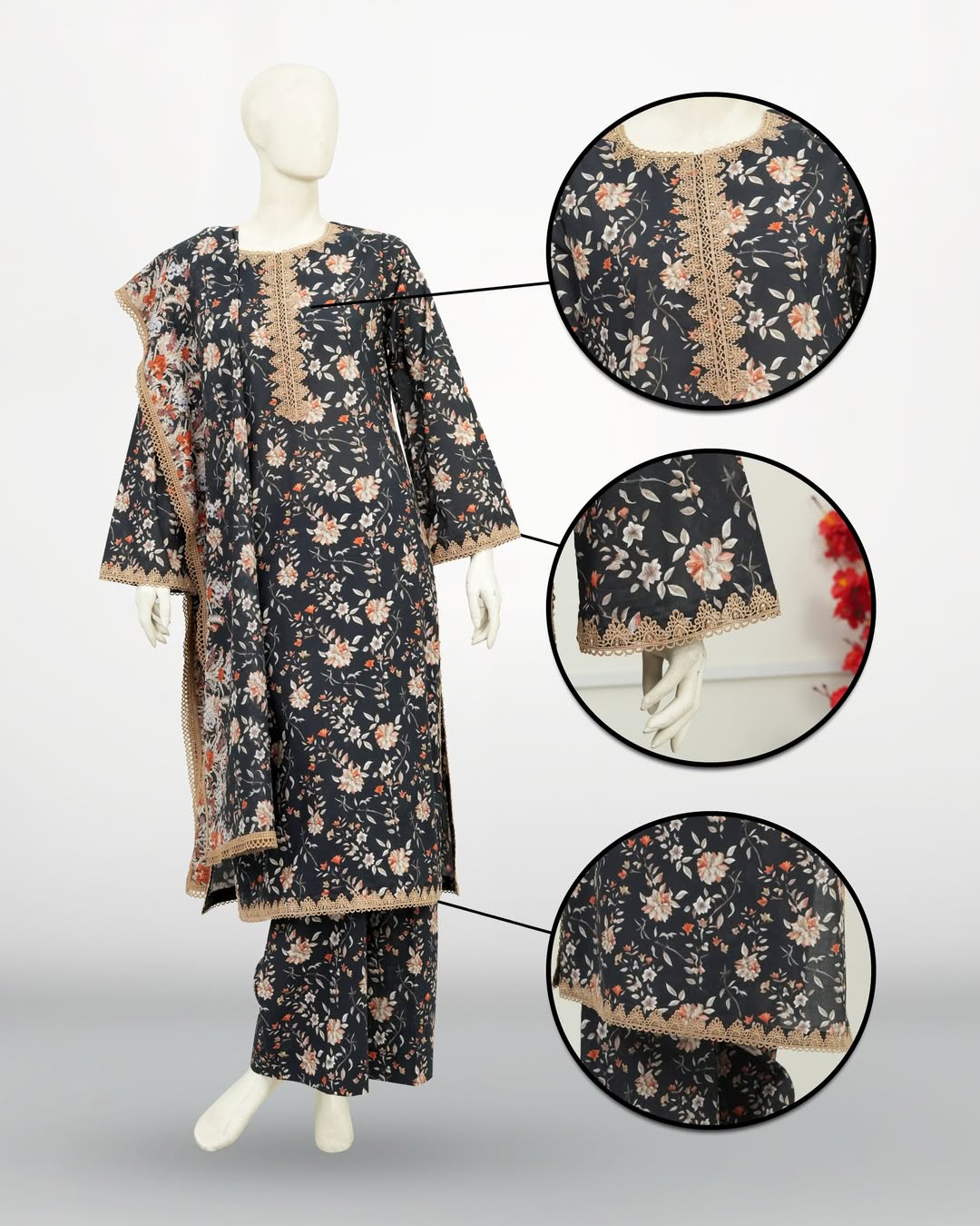 Un-Stitched Printed DD Lawn Black 3 Pcs | DD-PLAWN-029