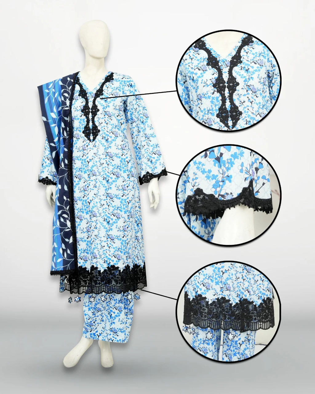 Un-Stitched Printed DD Lawn Blue 3 Pcs | DD-PLAWN-027