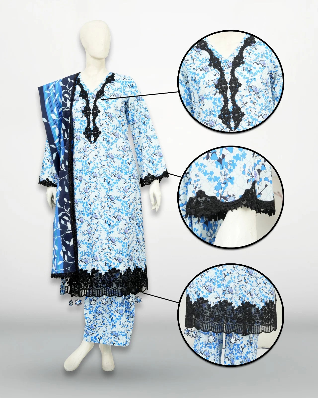 Un-Stitched Printed DD Lawn Blue 3 Pcs | DD-PLAWN-027