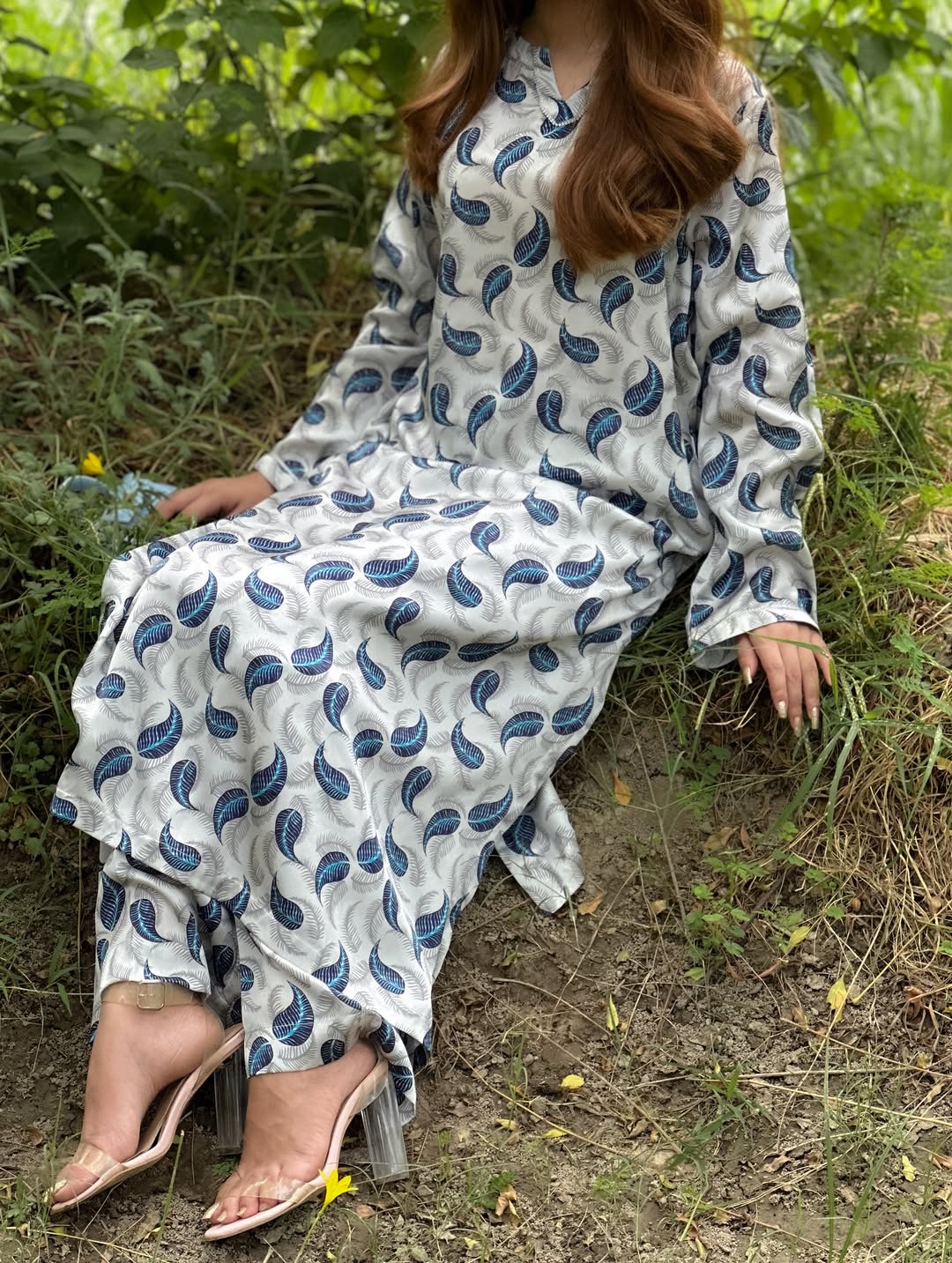 White and Blue Leaf Printed Silk 2 PC | DD-SILK-PS-021