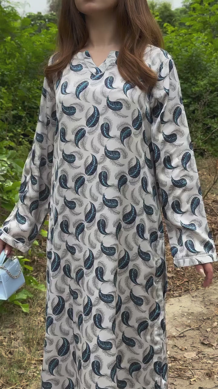 White and Blue Leaf Printed Silk 2 PC | DD-SILK-PS-021