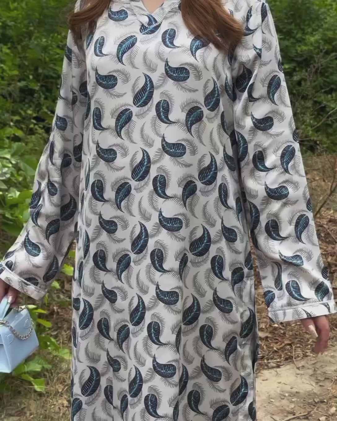 White and Blue Leaf Printed Silk 2 PC | DD-SILK-PS-021