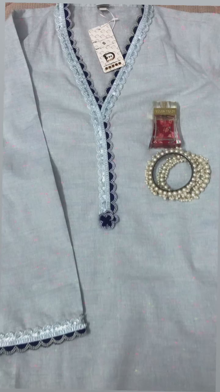 Light Blue Cotton Short Shirt with Farshi Shalwar – 2 Piece Set