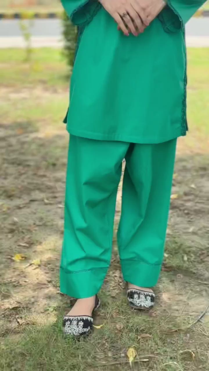 Cotton Dark Green Short Shirt with Farshi Shalwar – 2 Piece Set