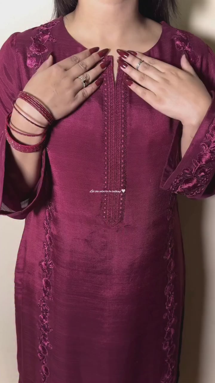 Maroon Embroidered Rao-Silk 2 PC | DD-SOLID-EMR-004
