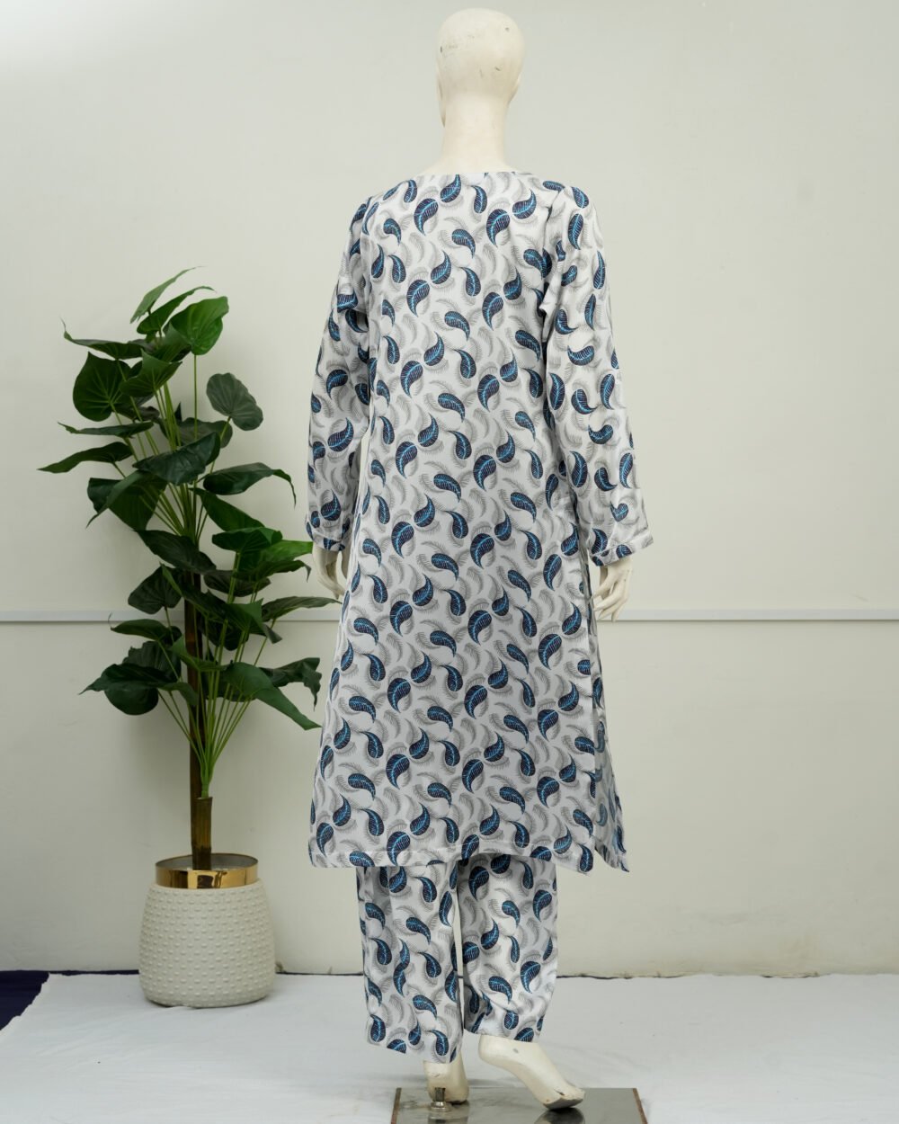 White and Blue Leaf Printed Silk 2 PC | DD-SILK-PS-021 - Image 2