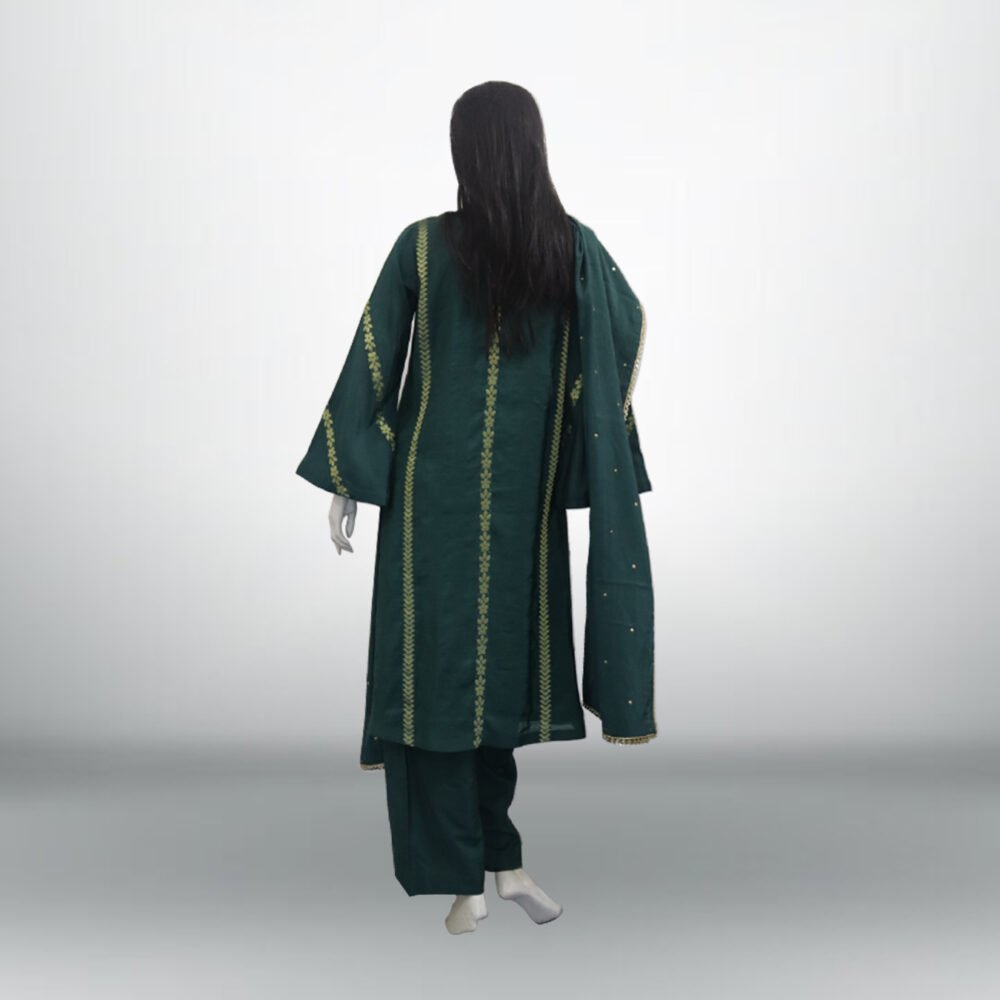 Dark Green Printed Pure Rao Silk 3 PC | DD-PRSLK-ES-025 - Image 3