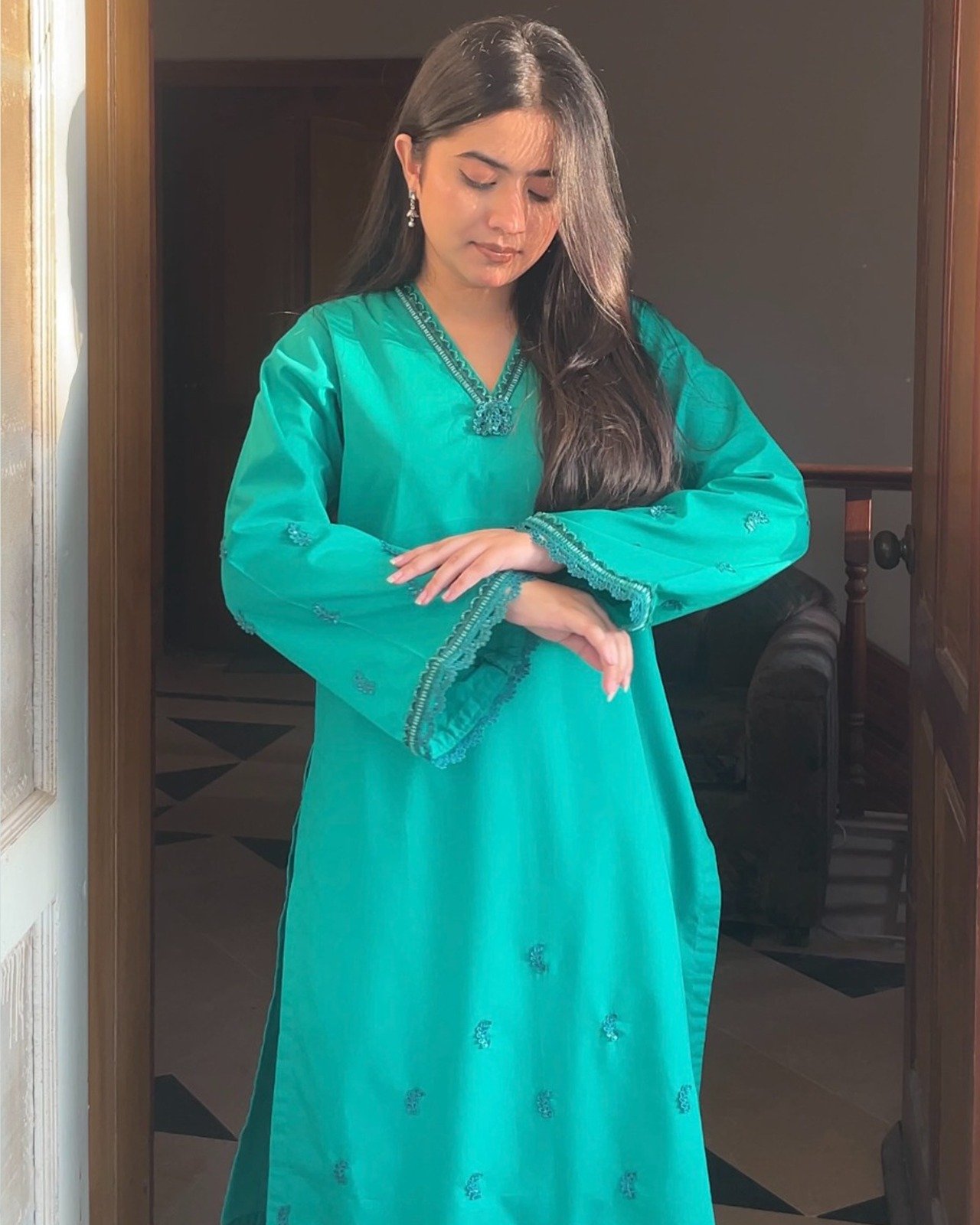Cotton Dark Green Long Shirt with Farshi Shalwar